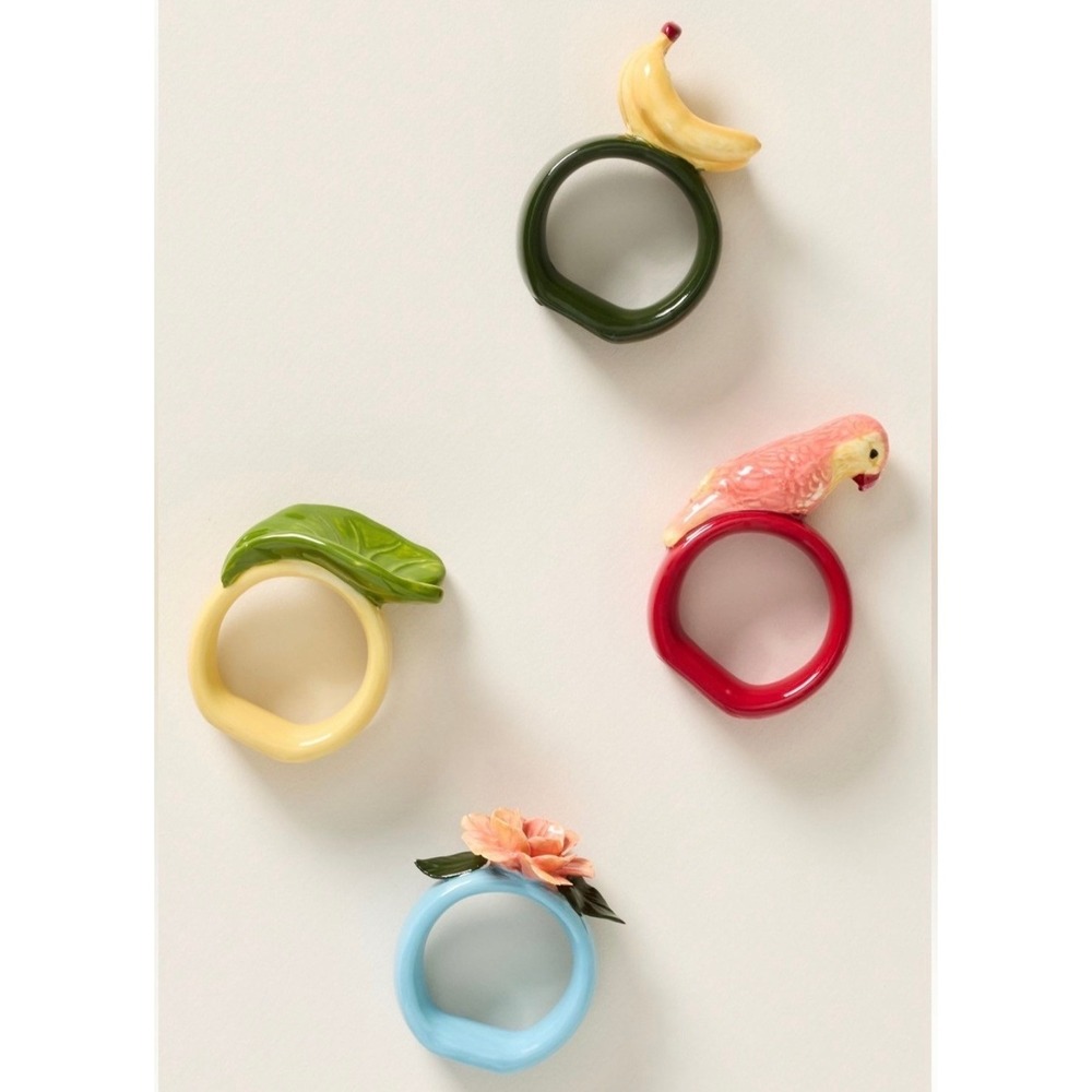 Farm Rio Anthropologie Ceramic Napkin Rings Set of 4 Tropical Parrot Banana Leaf